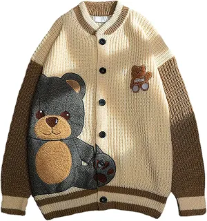 ebossy Womens Cute Bear Embroidery Knit Cardigans Casual Loose Button Down Drape Long Sleeve Varsity Sweater Jacket