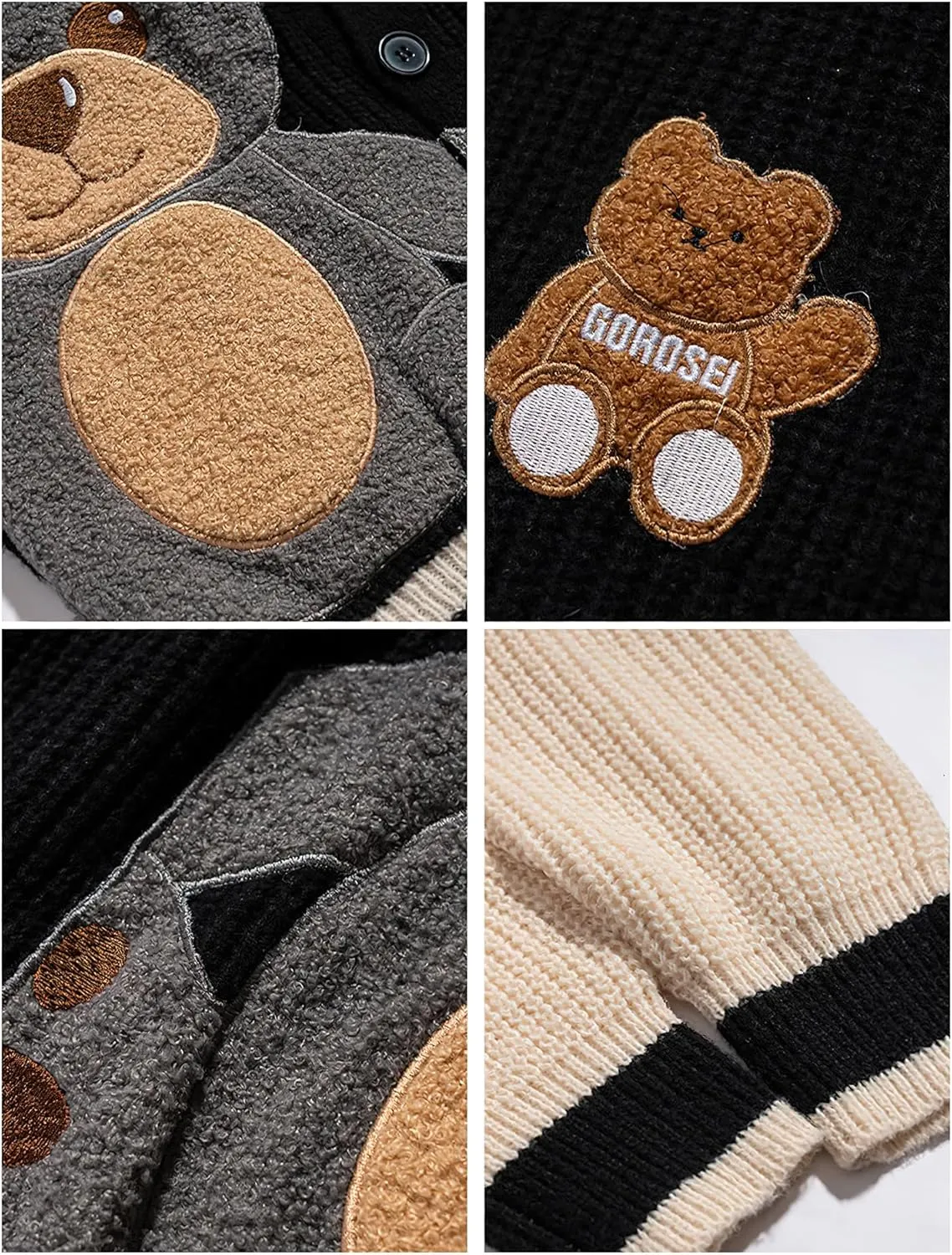 ebossy Womens Cute Bear Embroidery Knit Cardigans Casual Loose Button Down Drape Long Sleeve Varsity Sweater Jacket