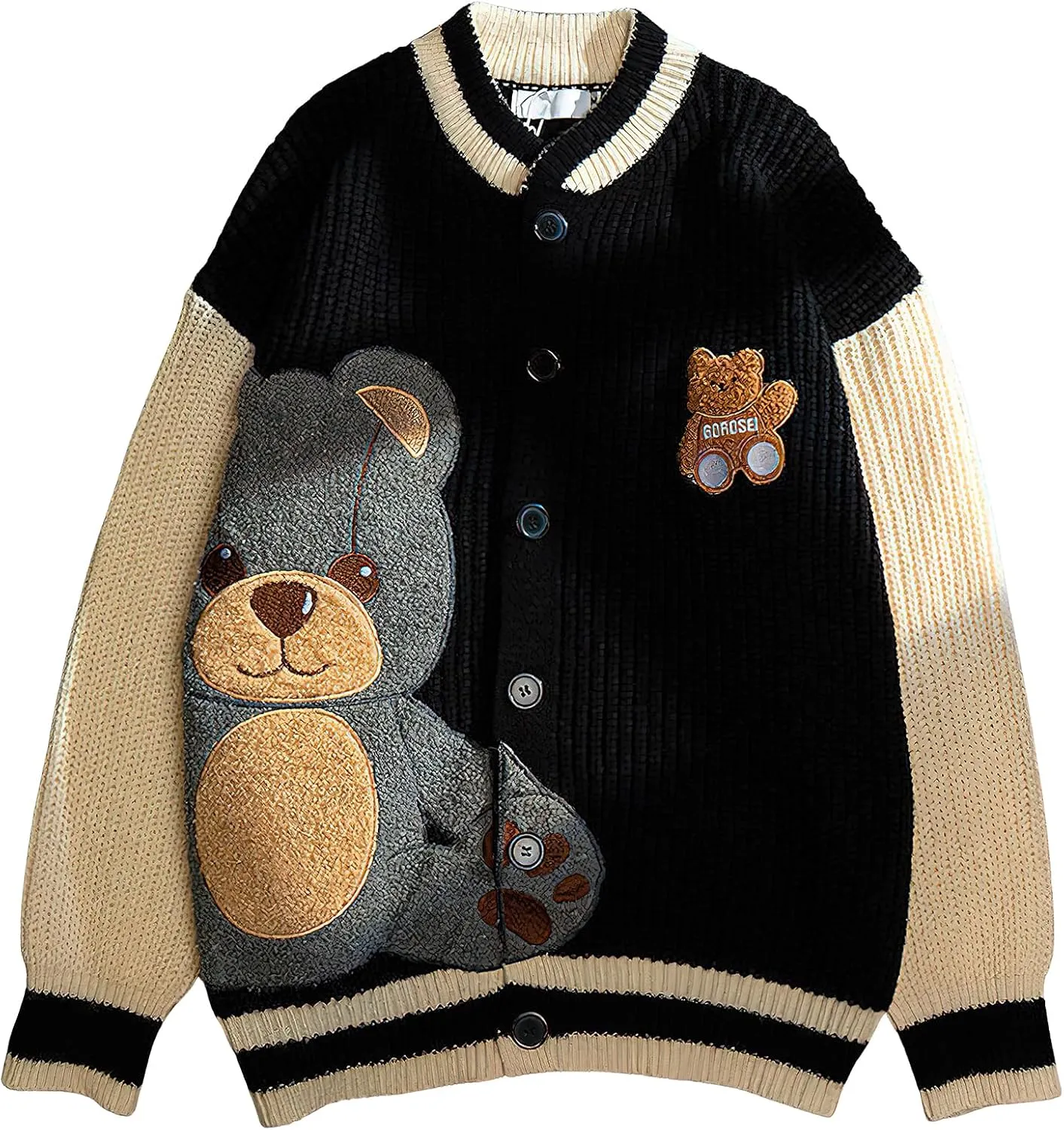 ebossy Womens Cute Bear Embroidery Knit Cardigans Casual Loose Button Down Drape Long Sleeve Varsity Sweater Jacket