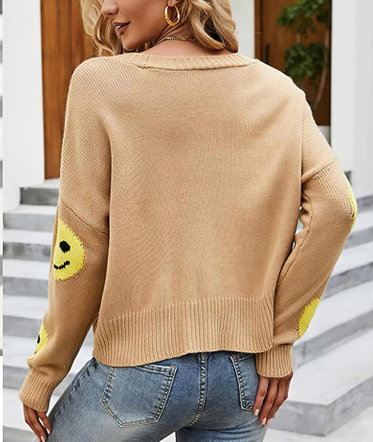 ebossy Womens Ribbed Knit Cardigans Slouchy Cute Smile Graphic Pretty Daisy Button-up Jacquard Knitted Sweater Coat