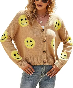 ebossy Womens Ribbed Knit Cardigans Slouchy Cute Smile Graphic Pretty Daisy Button-up Jacquard Knitted Sweater Coat
