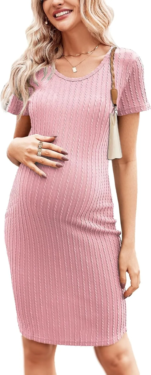 Ekouaer Maternity Dress Rib Knit Short Sleeve Bodycon Dresses Casual Stretchy Pregnancy Clothes S-XXL