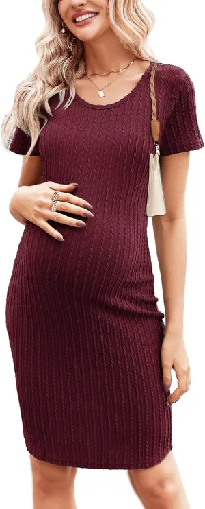 Ekouaer Maternity Dress Rib Knit Short Sleeve Bodycon Dresses Casual Stretchy Pregnancy Clothes S-XXL