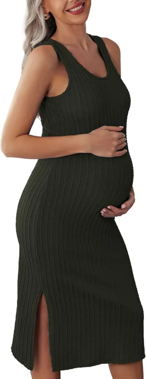Ekouaer Women's Maternity Dress Rib Knit Sleeveless Tank Side Slit Bodycon Dresses Pregnancy Clothes S-XXL