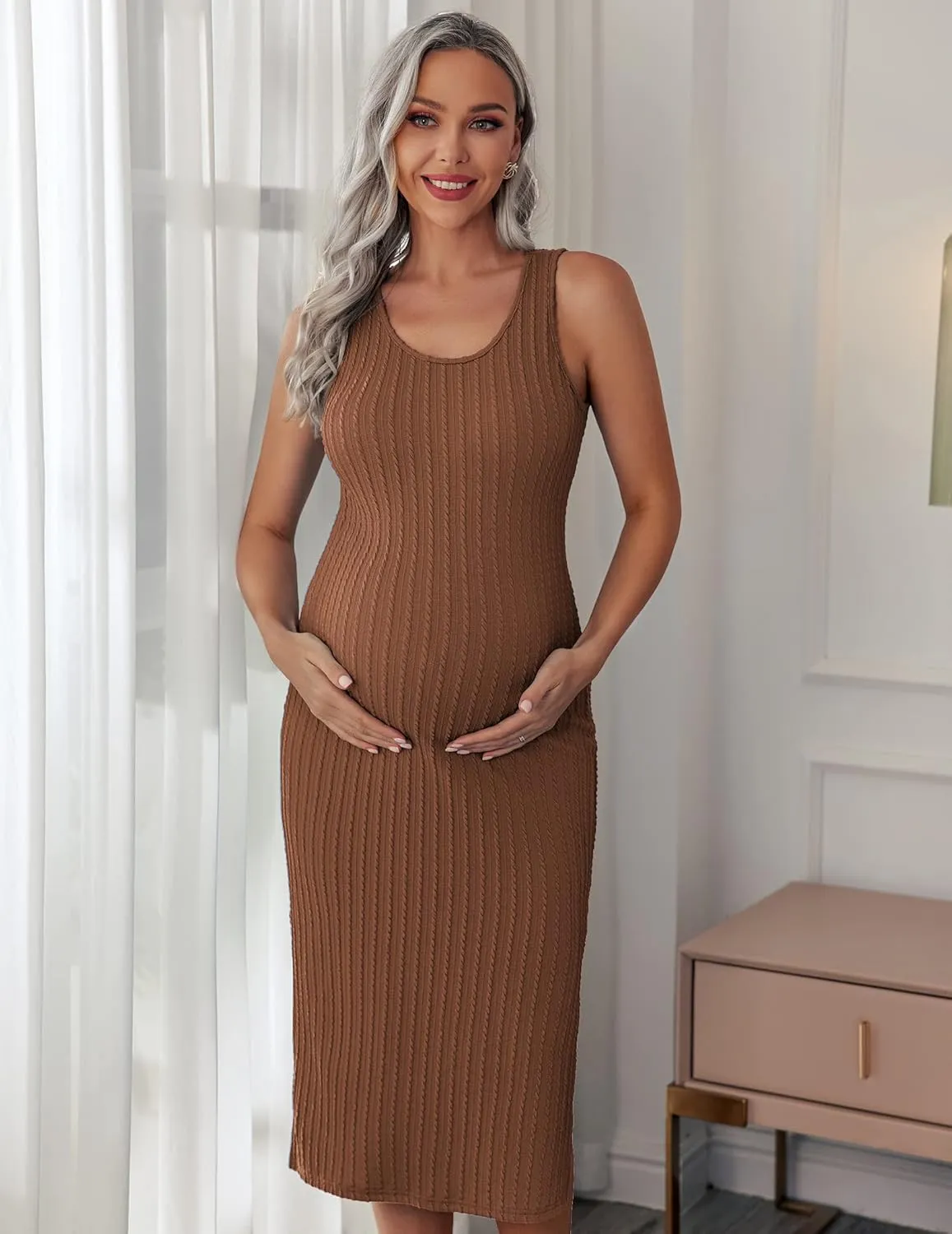 Ekouaer Women's Maternity Dress Rib Knit Sleeveless Tank Side Slit Bodycon Dresses Pregnancy Clothes S-XXL