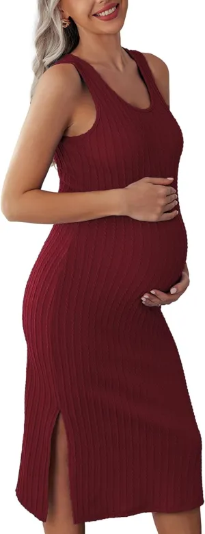 Ekouaer Women's Maternity Dress Rib Knit Sleeveless Tank Side Slit Bodycon Dresses Pregnancy Clothes S-XXL