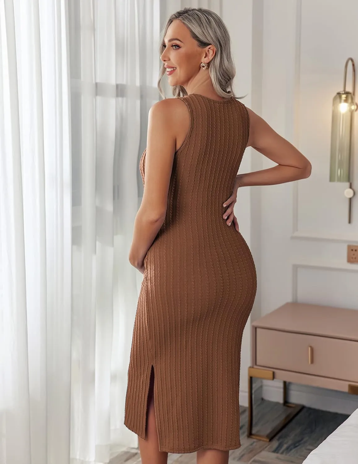 Ekouaer Women's Maternity Dress Rib Knit Sleeveless Tank Side Slit Bodycon Dresses Pregnancy Clothes S-XXL