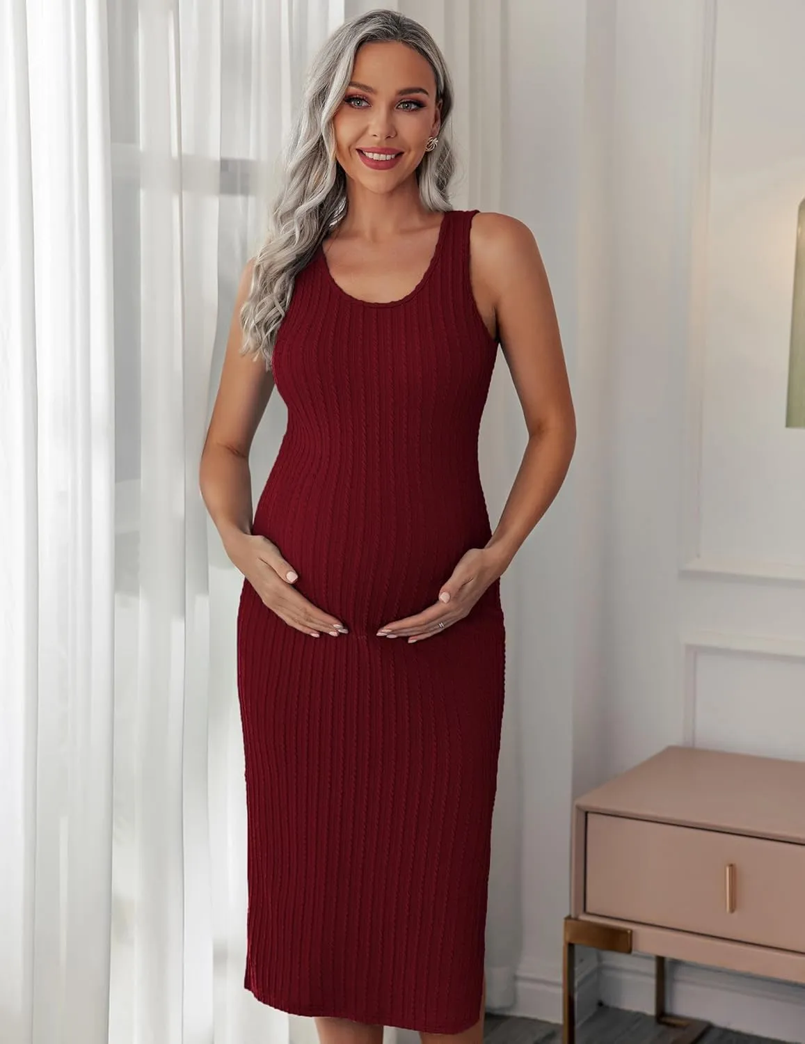 Ekouaer Women's Maternity Dress Rib Knit Sleeveless Tank Side Slit Bodycon Dresses Pregnancy Clothes S-XXL
