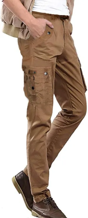 ETHANOL Men Relaxed Cargo Pants with 6 Big Pockets Casual Work Combat Trousers