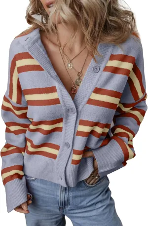 EVALESS Womens Striped Chunky Knit Cardigans Sweaters 2024 Trendy Fall Winter Long Sleeve Lightweight Open Front Sweaters Outerwear Coats Outfits,Gray Stripe Small