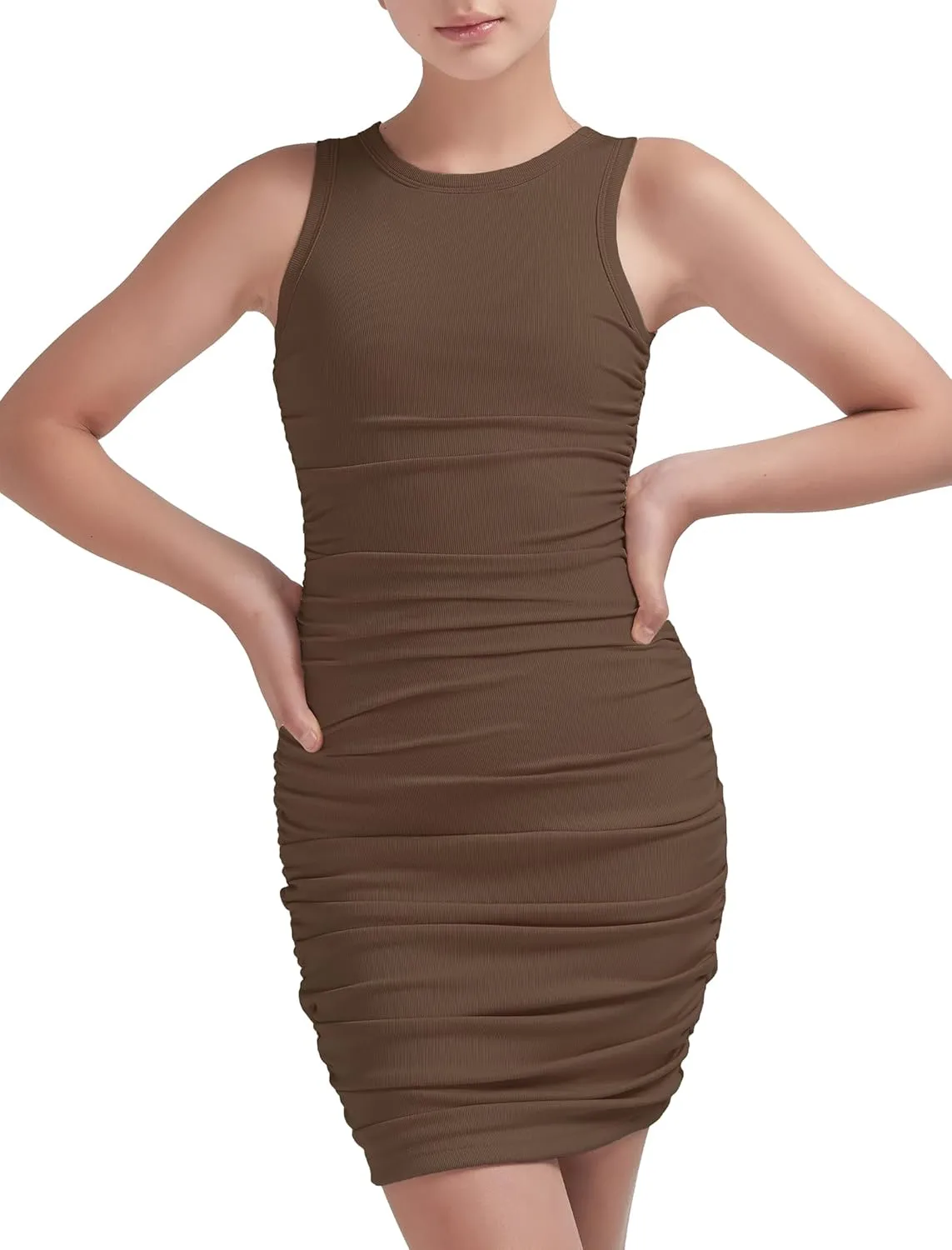 EXARUS Girls Bodycon Short Ruched Pencil Dresses Sleeveless Fitted Tank Crew Neck Party Casual Mini Dress