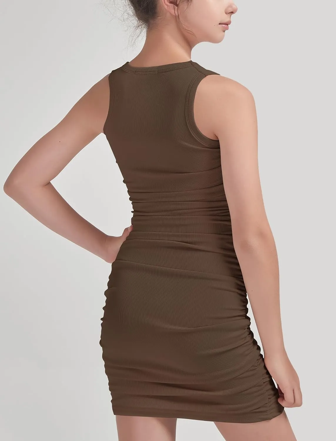 EXARUS Girls Bodycon Short Ruched Pencil Dresses Sleeveless Fitted Tank Crew Neck Party Casual Mini Dress
