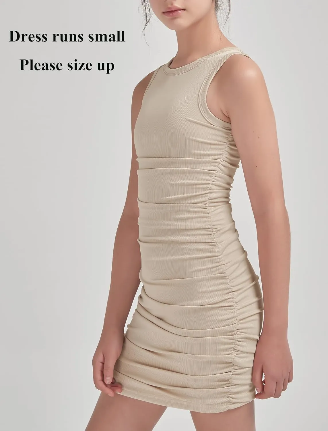 EXARUS Girls Bodycon Short Ruched Pencil Dresses Sleeveless Fitted Tank Crew Neck Party Casual Mini Dress