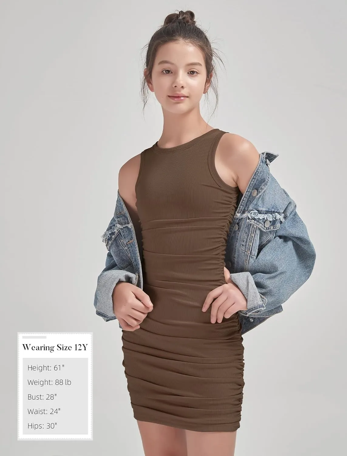 EXARUS Girls Bodycon Short Ruched Pencil Dresses Sleeveless Fitted Tank Crew Neck Party Casual Mini Dress