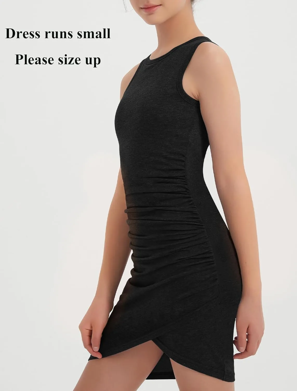 EXARUS Girls Bodycon Short Ruched Pencil Dresses Sleeveless Fitted Tank Crew Neck Party Casual Mini Dress