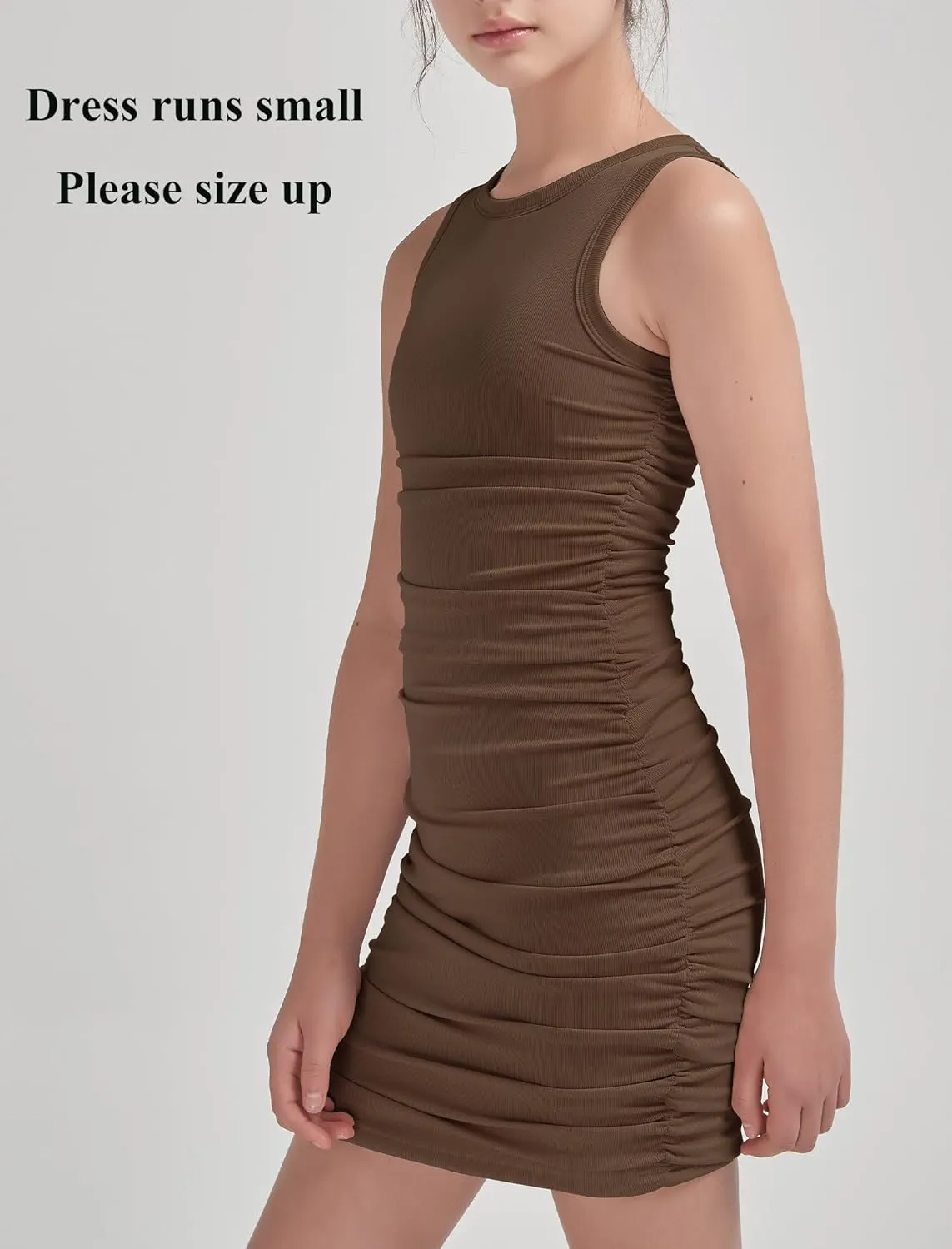 EXARUS Girls Bodycon Short Ruched Pencil Dresses Sleeveless Fitted Tank Crew Neck Party Casual Mini Dress