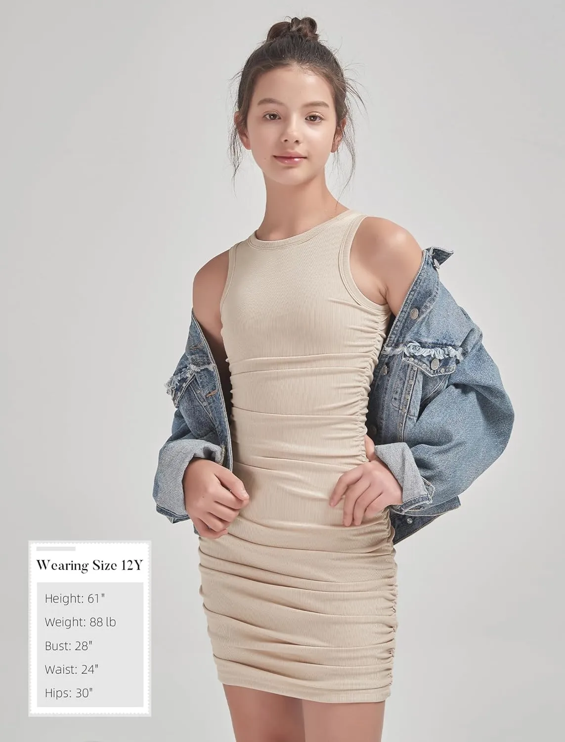 EXARUS Girls Bodycon Short Ruched Pencil Dresses Sleeveless Fitted Tank Crew Neck Party Casual Mini Dress