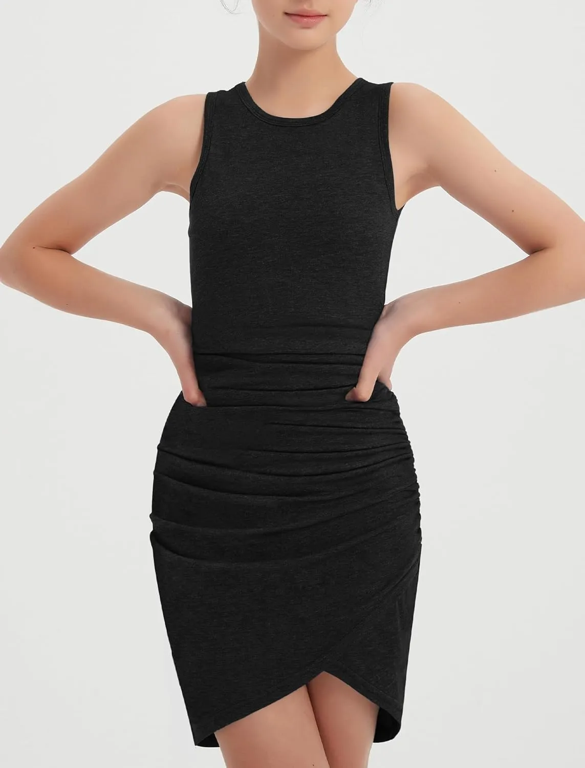 EXARUS Girls Bodycon Short Ruched Pencil Dresses Sleeveless Fitted Tank Crew Neck Party Casual Mini Dress