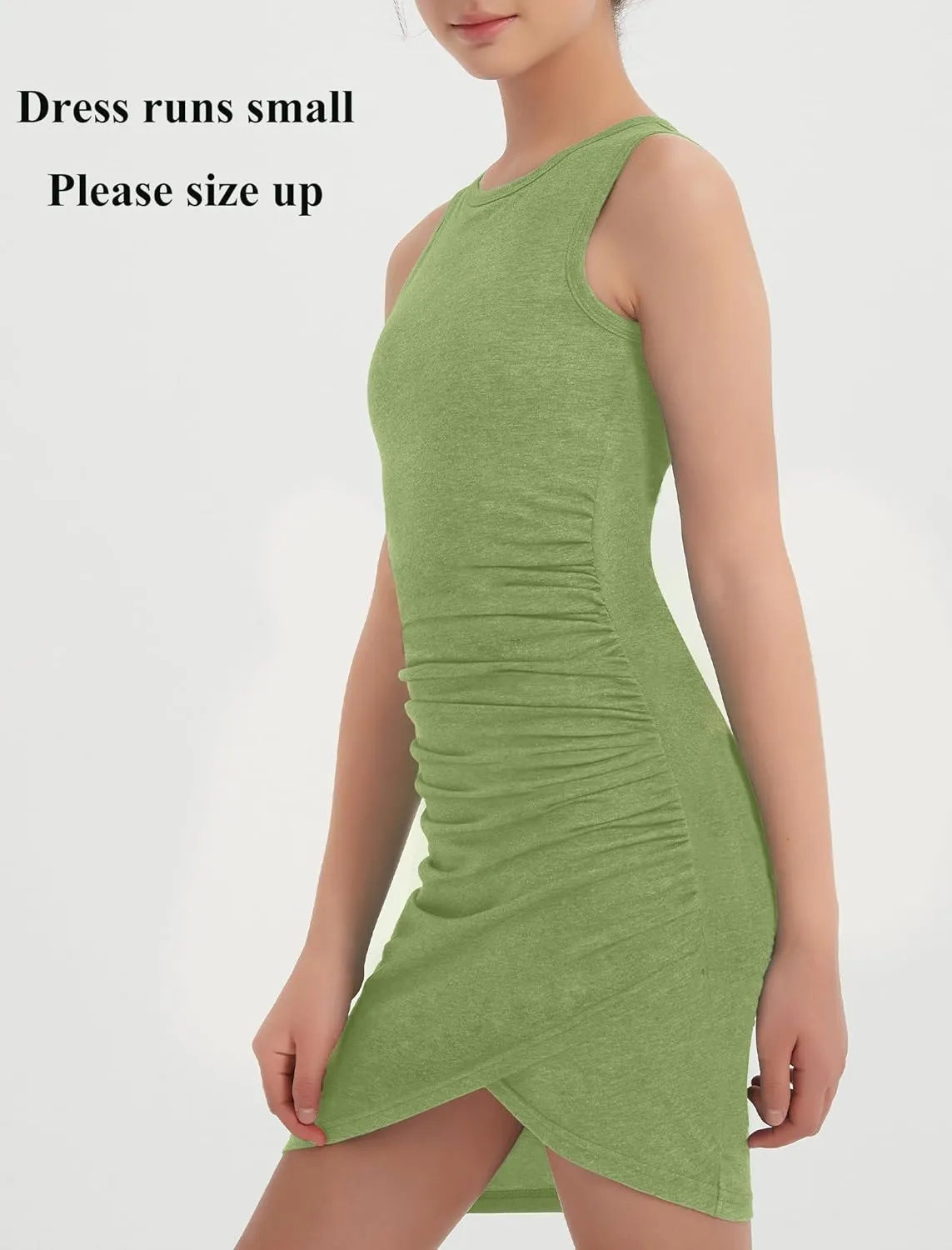 EXARUS Girls Bodycon Short Ruched Pencil Dresses Sleeveless Fitted Tank Crew Neck Party Casual Mini Dress