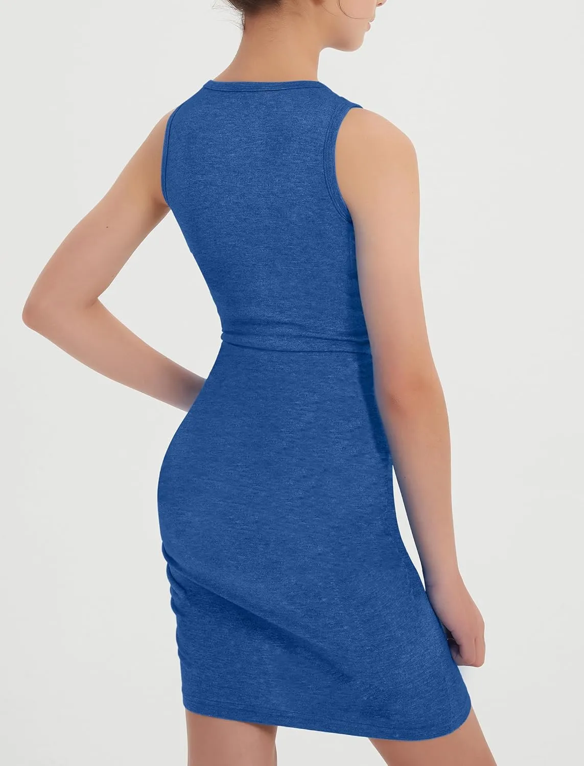 EXARUS Girls Bodycon Short Ruched Pencil Dresses Sleeveless Fitted Tank Crew Neck Party Casual Mini Dress