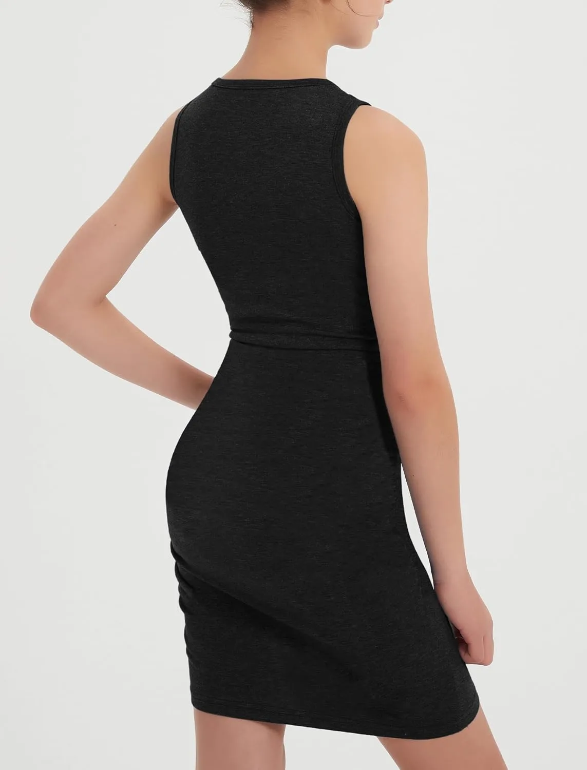 EXARUS Girls Bodycon Short Ruched Pencil Dresses Sleeveless Fitted Tank Crew Neck Party Casual Mini Dress