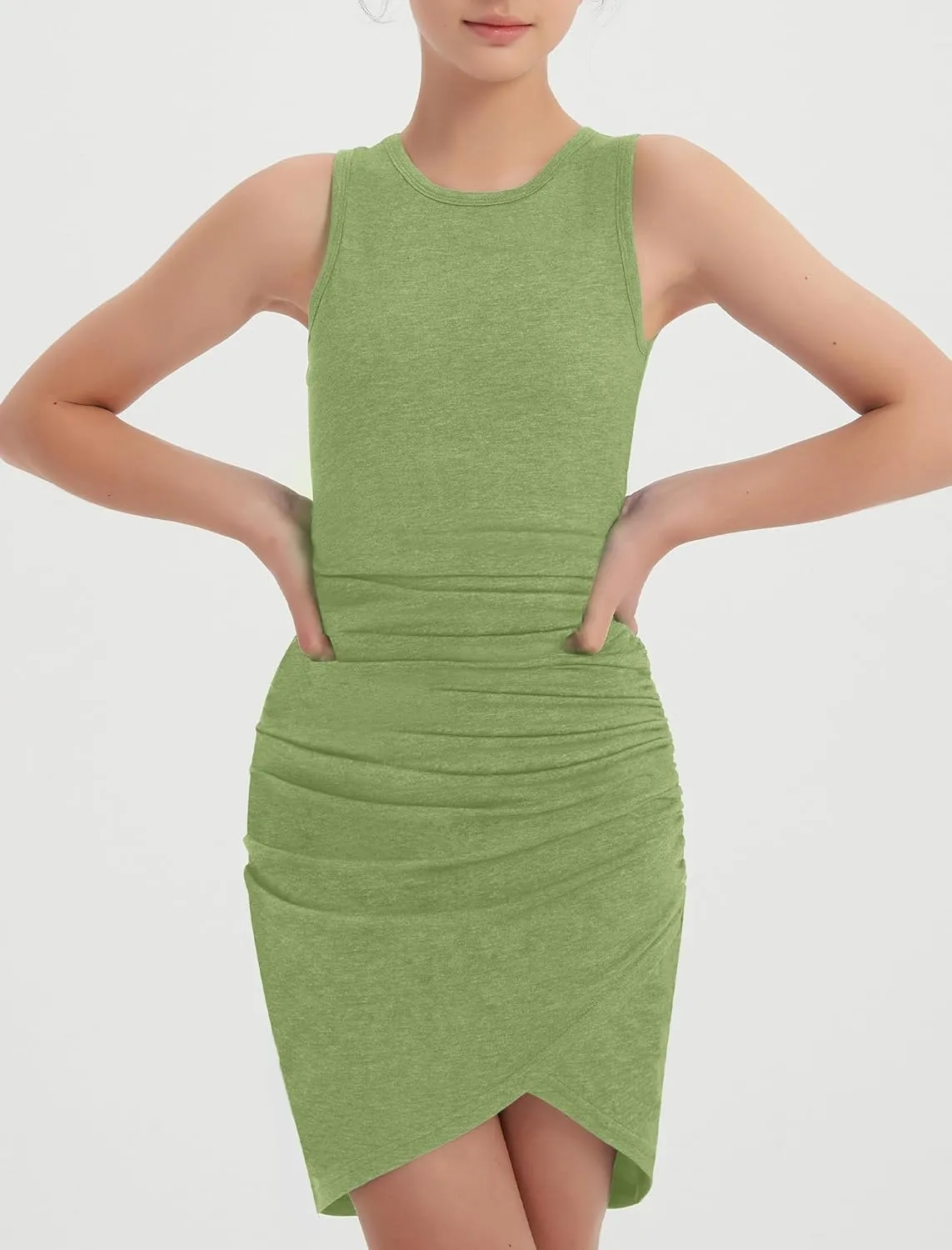 EXARUS Girls Bodycon Short Ruched Pencil Dresses Sleeveless Fitted Tank Crew Neck Party Casual Mini Dress