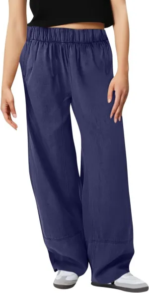 fanmpghleoo Wide Leg Linen Pants Women Summer Casual Elastic High Waisted Linen Trousers with Pockets Beach Vacation Slacks