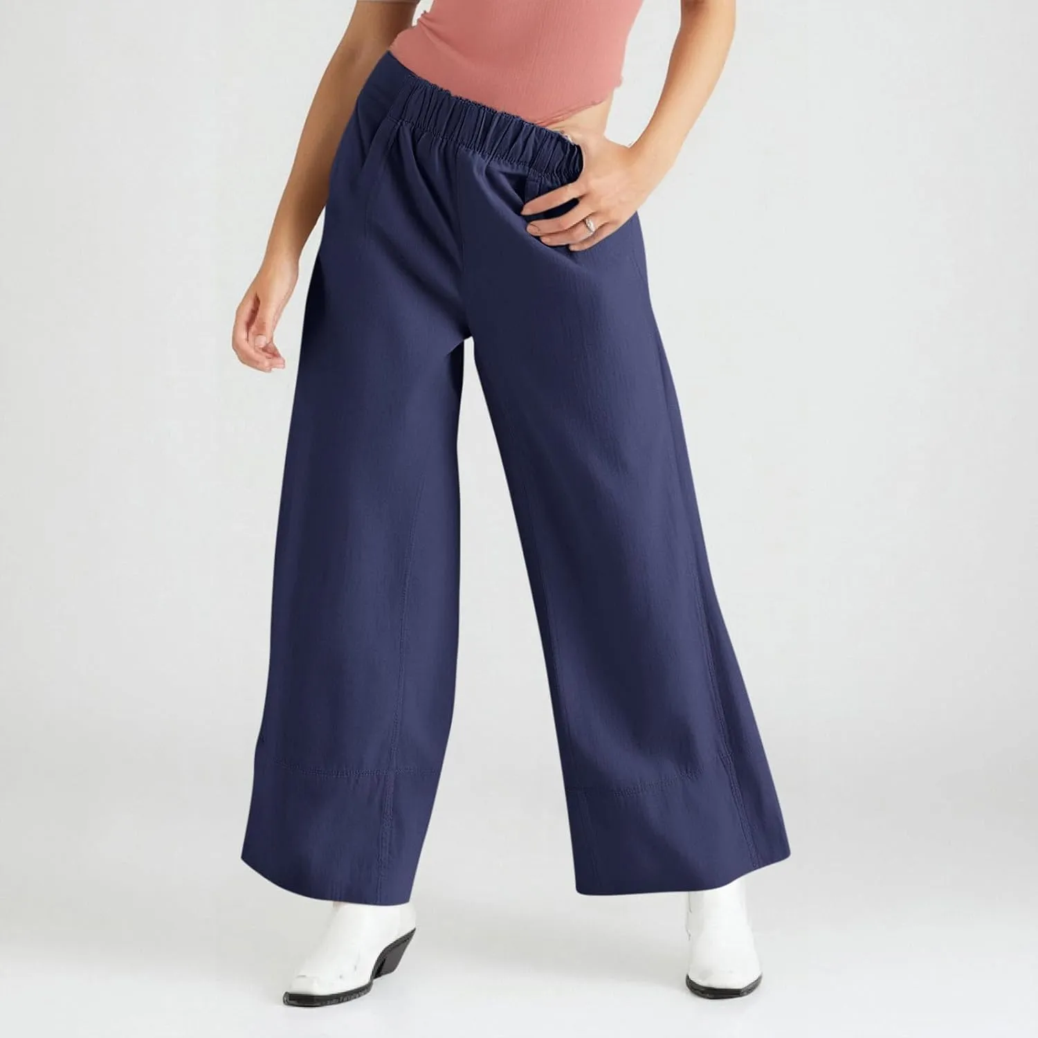 fanmpghleoo Wide Leg Linen Pants Women Summer Casual Elastic High Waisted Linen Trousers with Pockets Beach Vacation Slacks