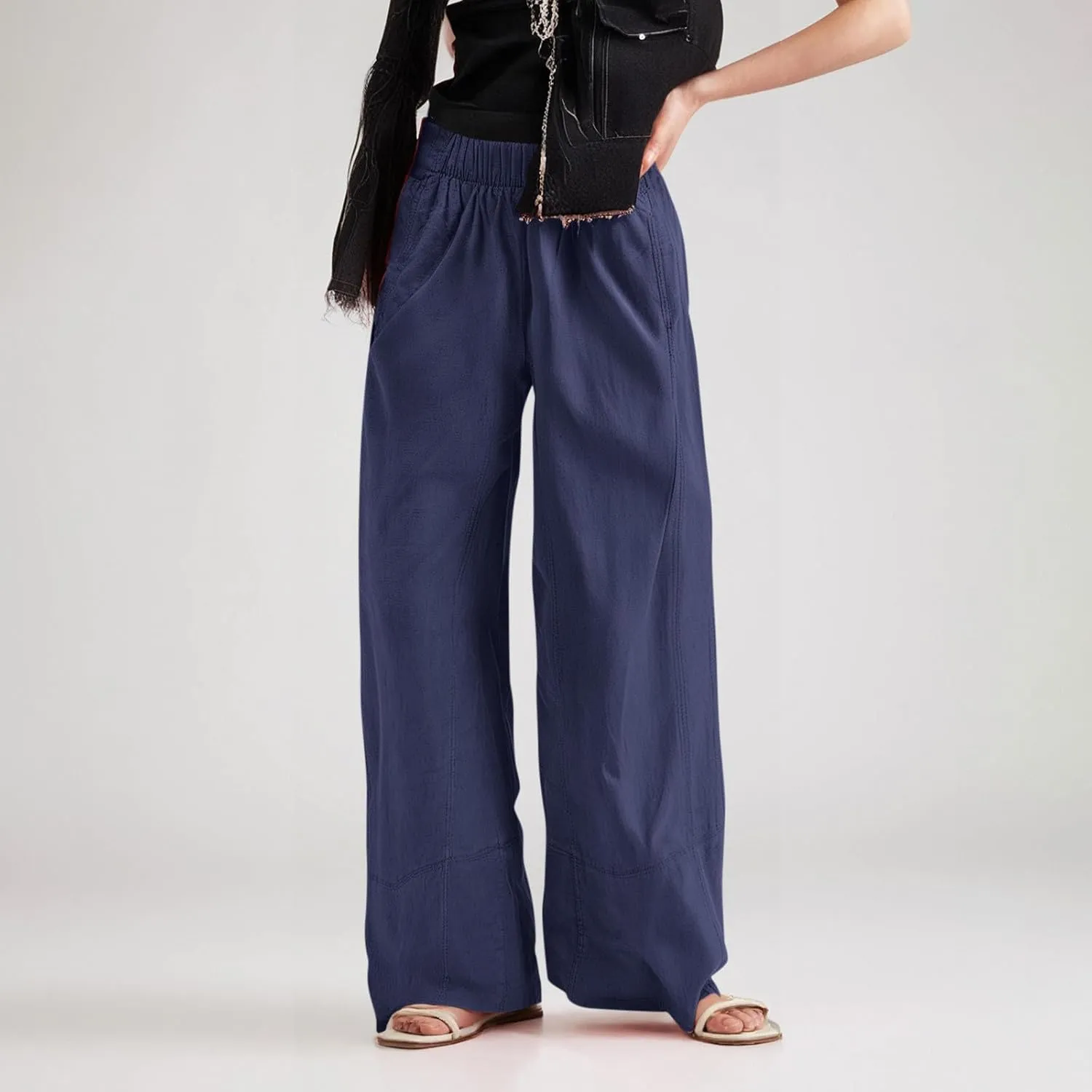 fanmpghleoo Wide Leg Linen Pants Women Summer Casual Elastic High Waisted Linen Trousers with Pockets Beach Vacation Slacks