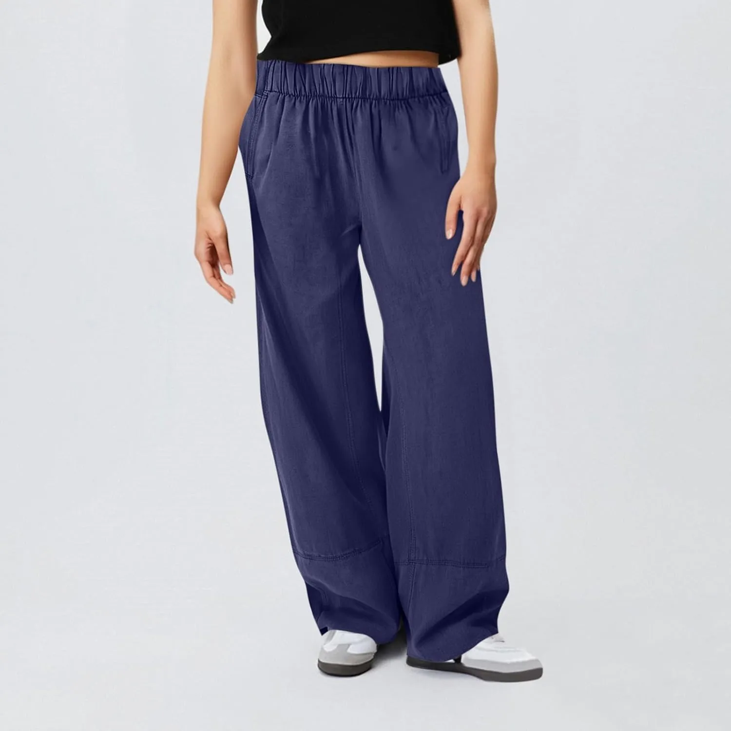 fanmpghleoo Wide Leg Linen Pants Women Summer Casual Elastic High Waisted Linen Trousers with Pockets Beach Vacation Slacks