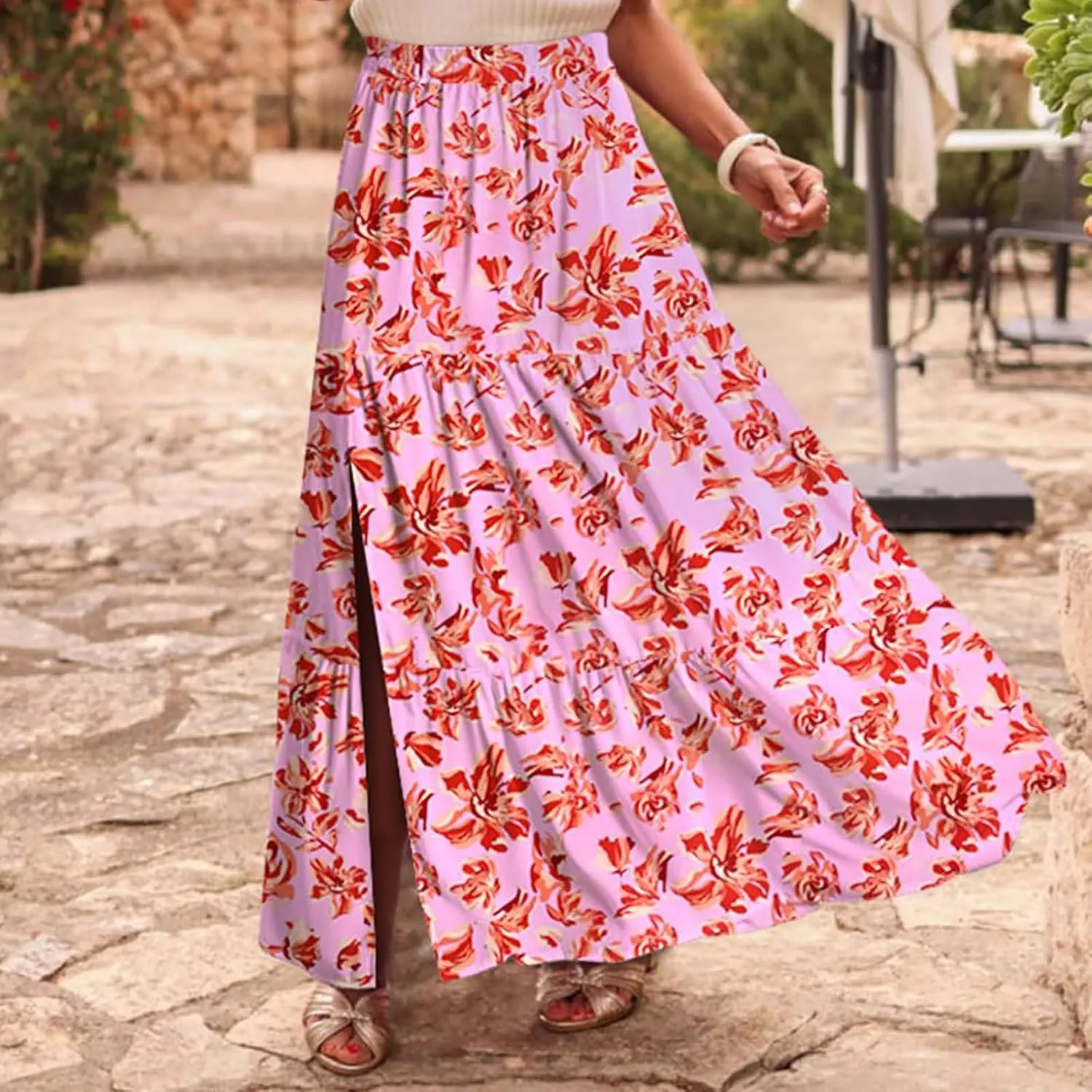 Floral Maxi Skirts for Women Summer Elastic High Waisted Flowy A Line Casual Boho Slit Long Beach Vacation Skirt