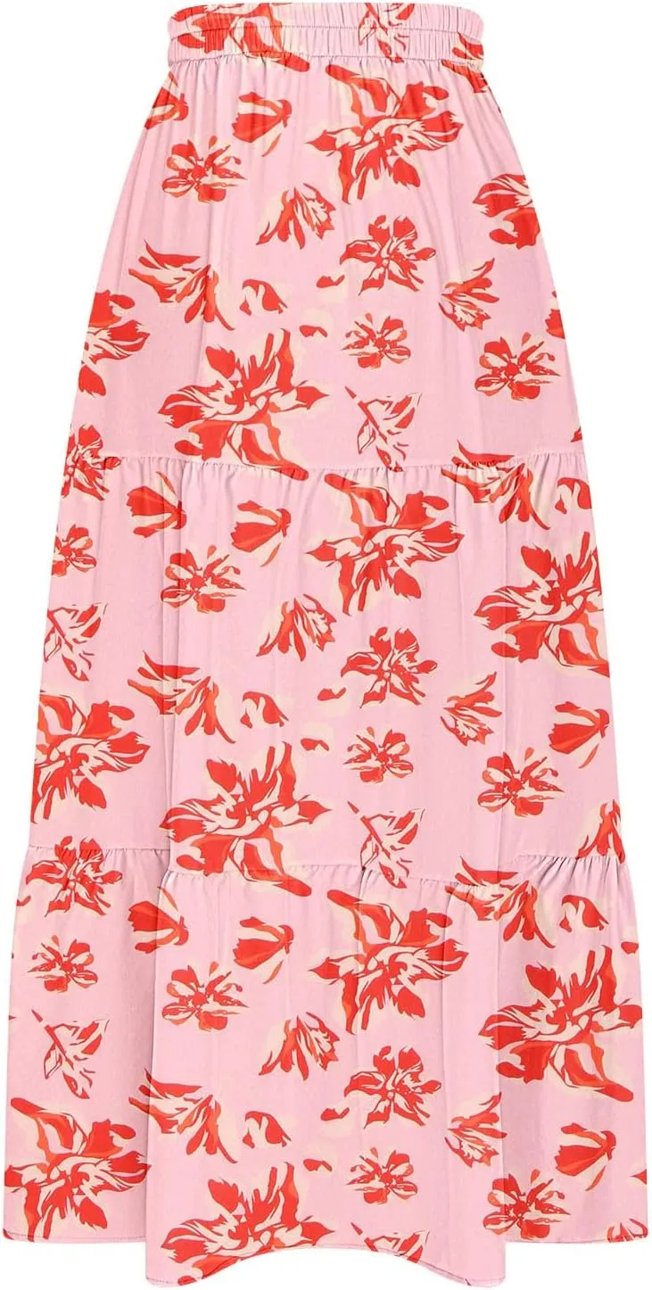 Floral Maxi Skirts for Women Summer Elastic High Waisted Flowy A Line Casual Boho Slit Long Beach Vacation Skirt