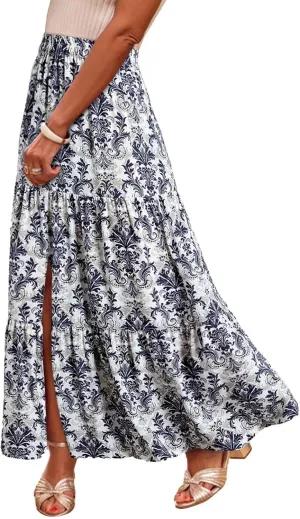 Floral Maxi Skirts for Women Summer Elastic High Waisted Flowy A Line Casual Boho Slit Long Beach Vacation Skirt