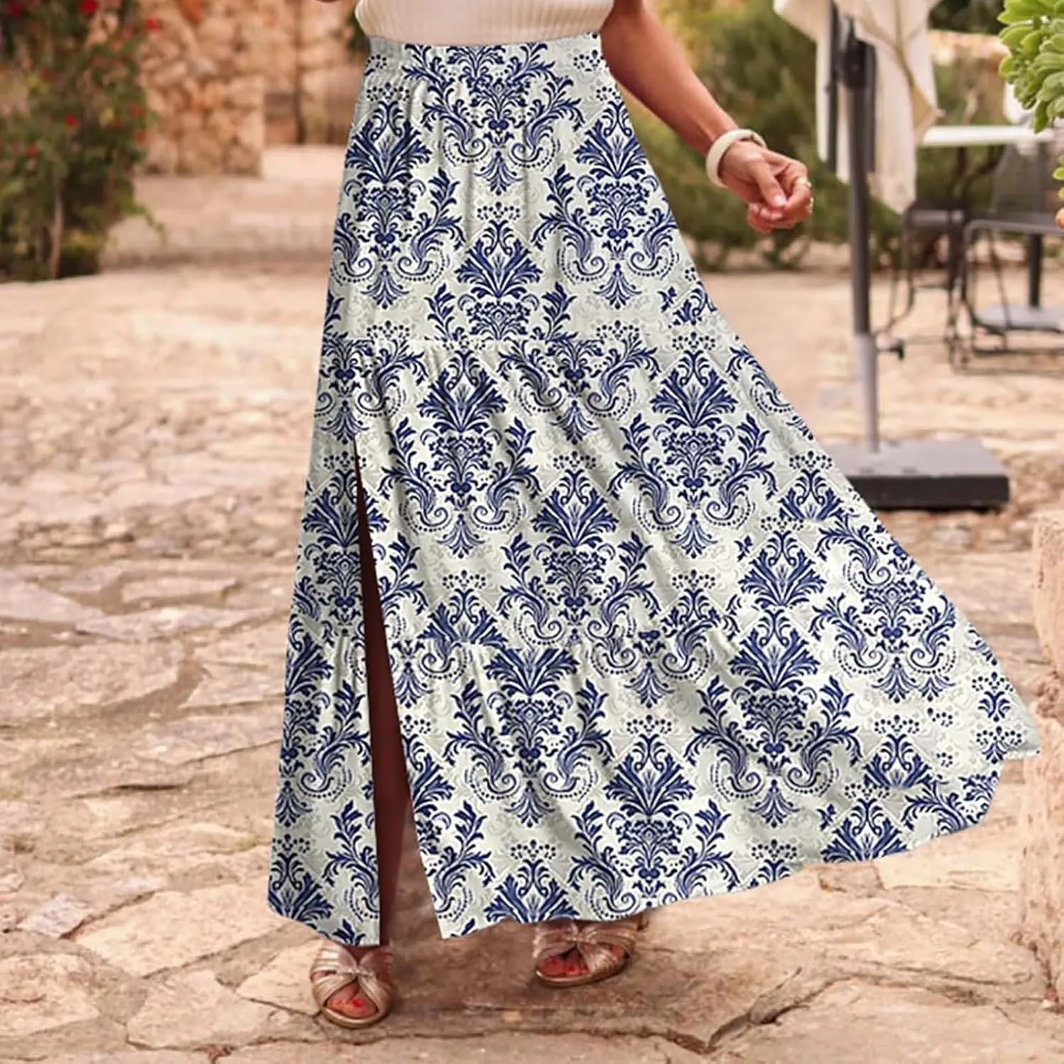 Floral Maxi Skirts for Women Summer Elastic High Waisted Flowy A Line Casual Boho Slit Long Beach Vacation Skirt
