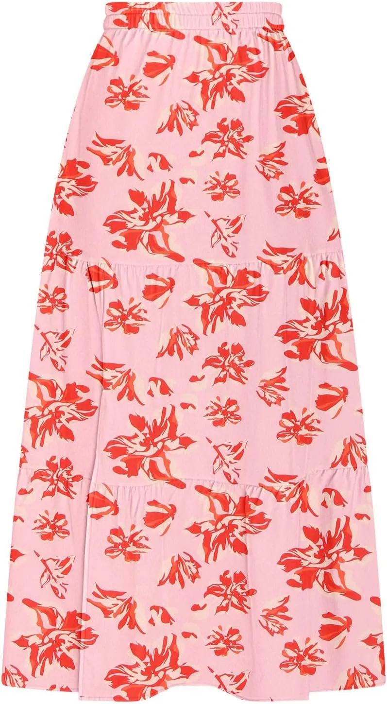 Floral Maxi Skirts for Women Summer Elastic High Waisted Flowy A Line Casual Boho Slit Long Beach Vacation Skirt