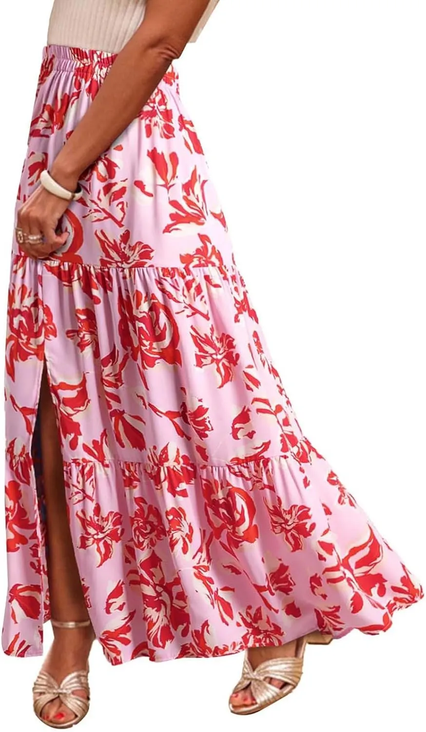 Floral Maxi Skirts for Women Summer Elastic High Waisted Flowy A Line Casual Boho Slit Long Beach Vacation Skirt