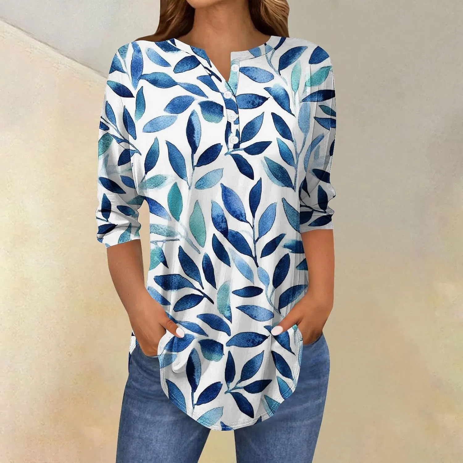 Floral Print 3/4 Length Sleeve Womens Tops 2025 Summer Henley Buttons V Neck Shirts Trendy Flowy Tunic Blouse Tees