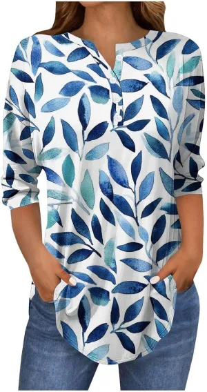 Floral Print 3/4 Length Sleeve Womens Tops 2025 Summer Henley Buttons V Neck Shirts Trendy Flowy Tunic Blouse Tees