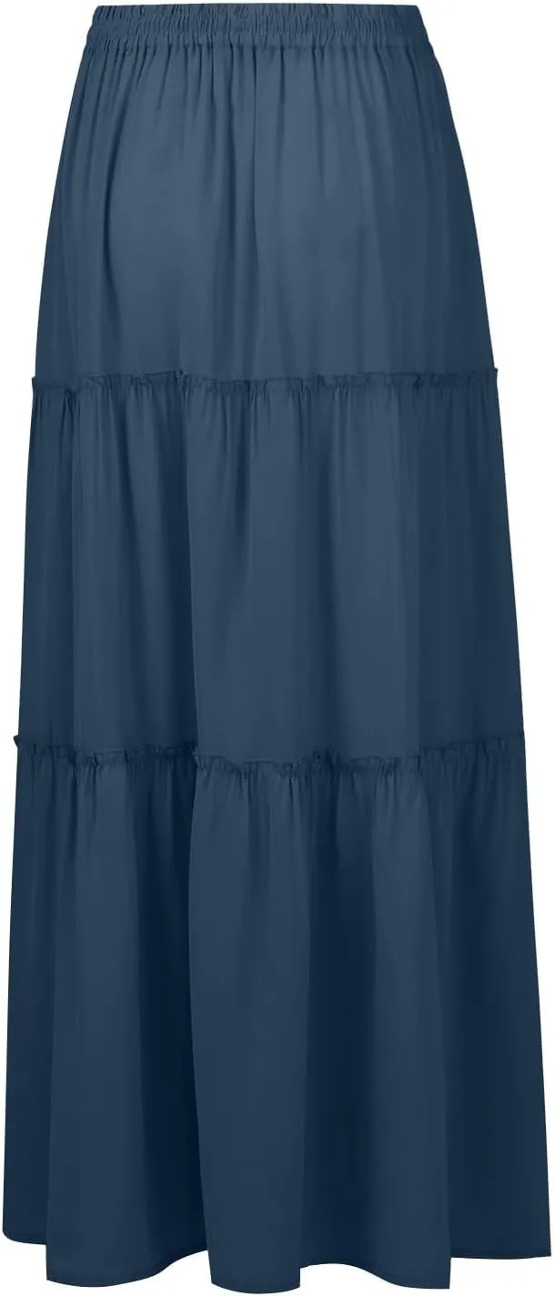 Flowy Tiered Maxi Skirts for Women 2025 Trendy Summer Vacation Boho Floral Skirt Elastic Drawstring A Line Skirt