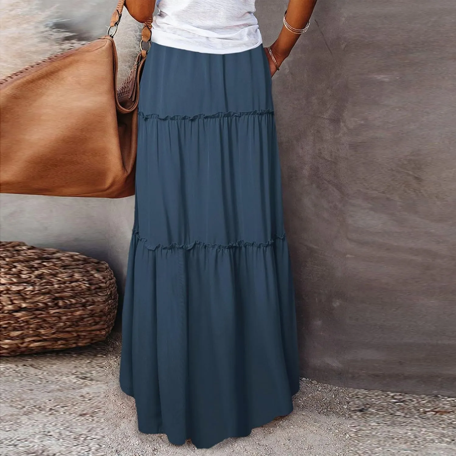 Flowy Tiered Maxi Skirts for Women 2025 Trendy Summer Vacation Boho Floral Skirt Elastic Drawstring A Line Skirt
