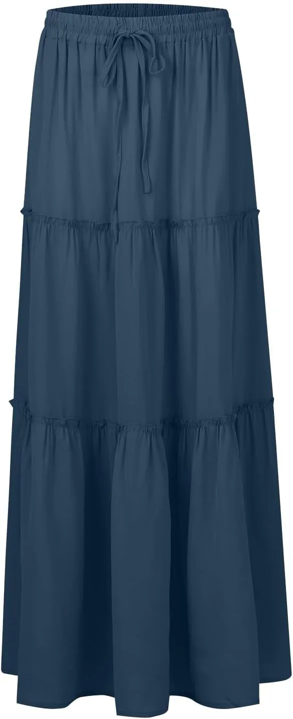 Flowy Tiered Maxi Skirts for Women 2025 Trendy Summer Vacation Boho Floral Skirt Elastic Drawstring A Line Skirt