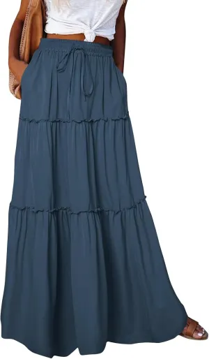 Flowy Tiered Maxi Skirts for Women 2025 Trendy Summer Vacation Boho Floral Skirt Elastic Drawstring A Line Skirt