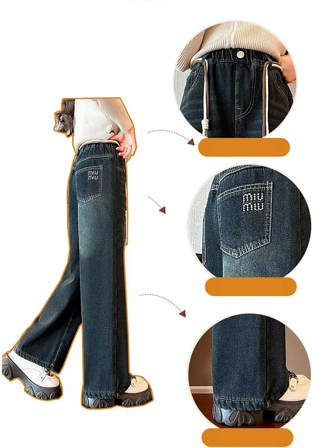 Girls Wide Leg Jeans Baggy Heart Embroidery Elastic High Waist Denim Pants Vintage Y2k Streetwear Aesthetic Teen Clothes 4-14