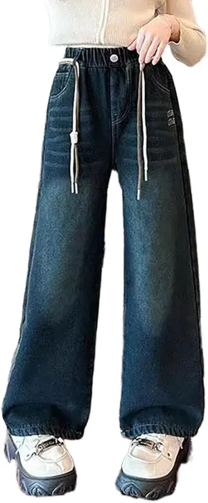 Girls Wide Leg Jeans Baggy Heart Embroidery Elastic High Waist Denim Pants Vintage Y2k Streetwear Aesthetic Teen Clothes 4-14