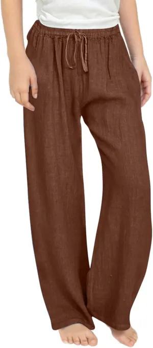 Girls Wide Leg Pants Dressy Casual Linen Trousers Flowy Beach Pants Loose Fit Drawstring Pants Summer High Waist Pant
