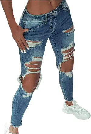 GOKKILRW Womens Juniors High Waisted Stretch Ripped Skinny Jeans Comfy Slim Fit Destroyed Butt Lifting Denim Pencil Pants