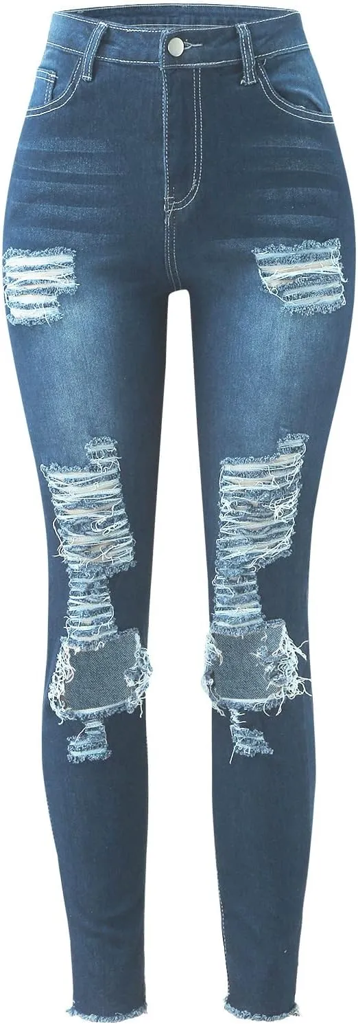 GOKKILRW Womens Juniors High Waisted Stretch Ripped Skinny Jeans Comfy Slim Fit Destroyed Butt Lifting Denim Pencil Pants