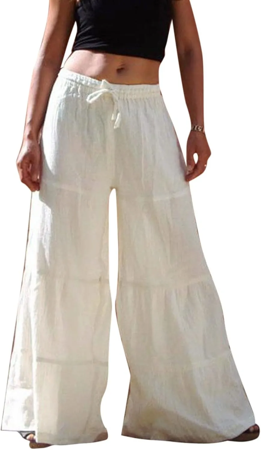 GOKKILRW Womens Summer Boho Floral Wide Leg Palazzo Pan High Waist Smocked Tiered Ruffle Hem Loose Baggy Lounge Beach Pants