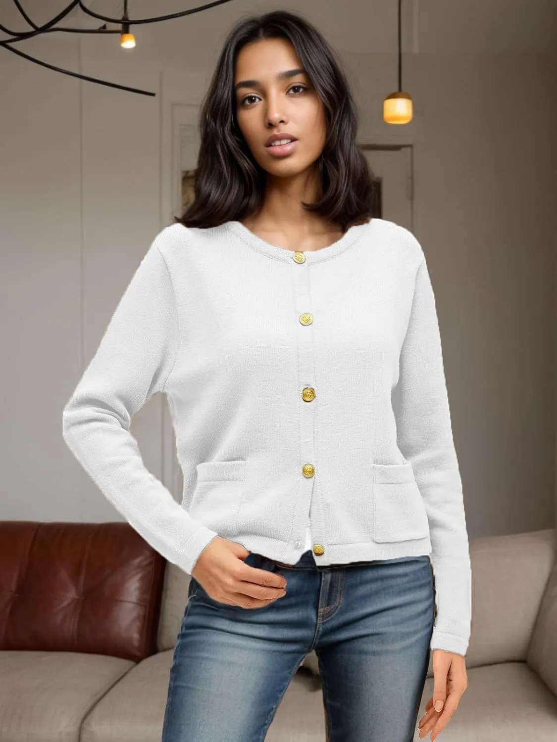 GOLDSTITCH Womens Cardigans Striped Sweaters 2025 Crew Neck Gold Buttons Open Front Button Down Knit with Pockets