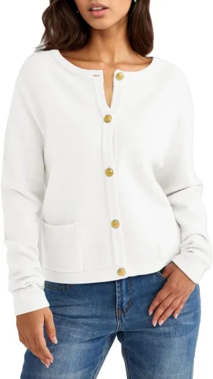 GOLDSTITCH Womens Cardigans Striped Sweaters 2025 Crew Neck Gold Buttons Open Front Button Down Knit with Pockets